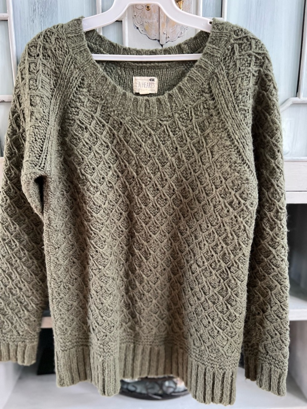 La Hearts Olive Green Textured Cable Scoop Neck Sweater